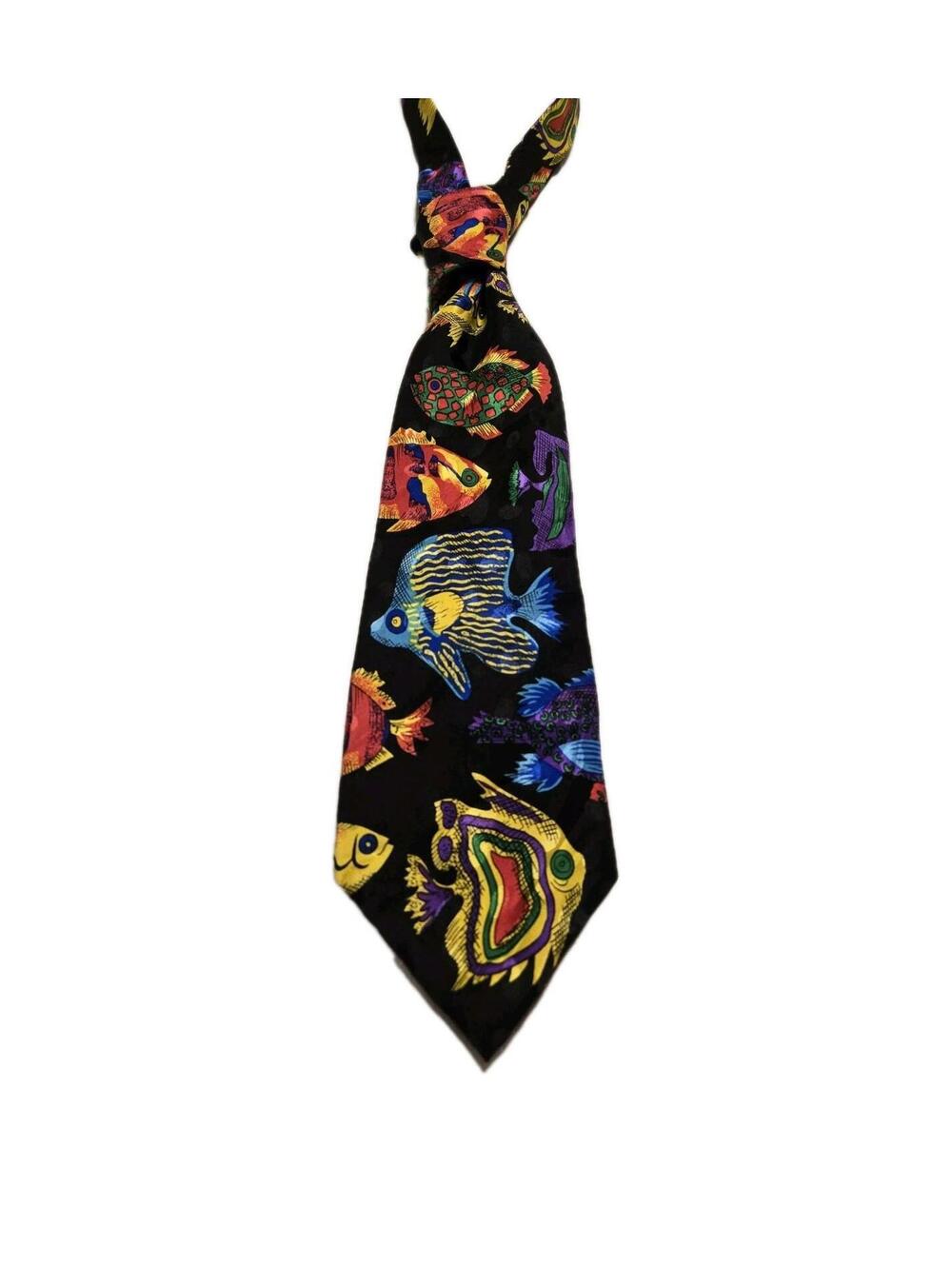 Rosetti Vintage 90s Tropical Fish Silk Necktie Neon Bright Colorful Black